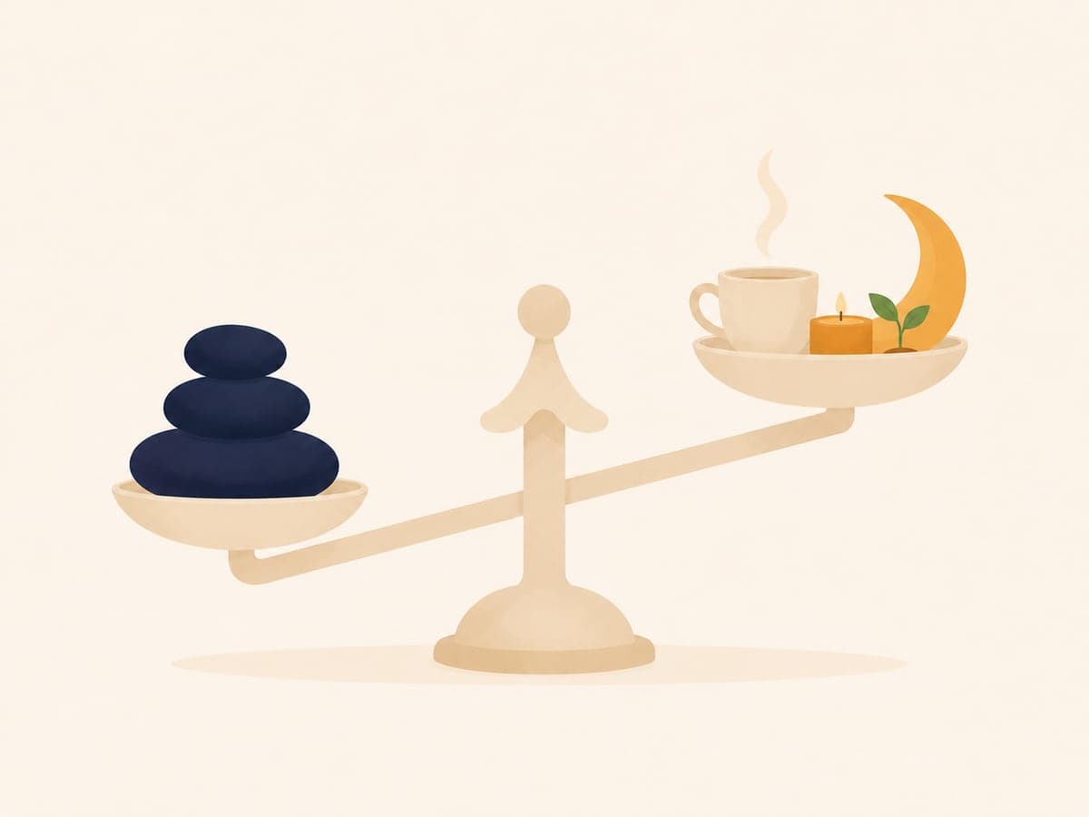 Une balance : des pierres sombres d'un côté, une tasse, une bougie et une lune de l'autre