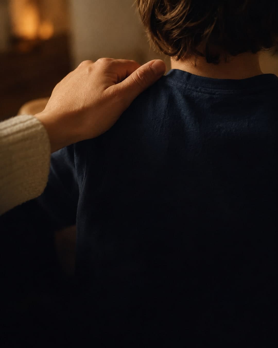 Une main d'adulte posée sur l'épaule d'un enfant, tous deux de dos