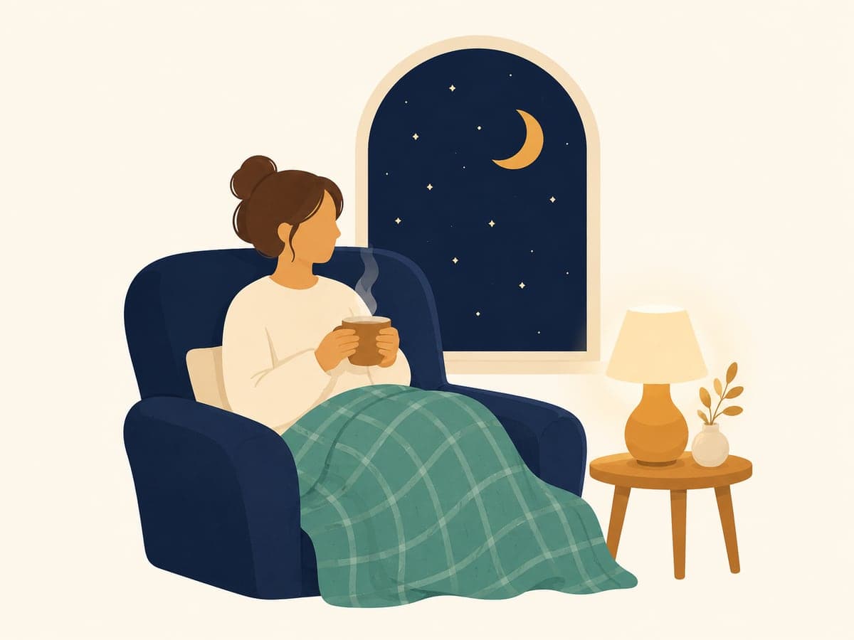 Un parent installé dans un fauteuil le soir, une tasse à la main, devant une fenêtre ouverte sur la nuit